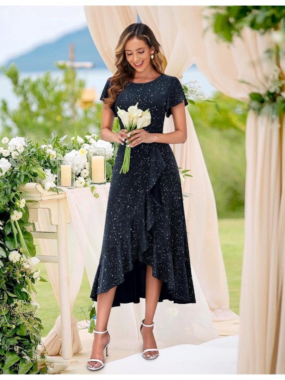 Women's Darkblue Sequin Bride Wedding Stunning Gowns Formal Events Dresses - Picture 5 of 6